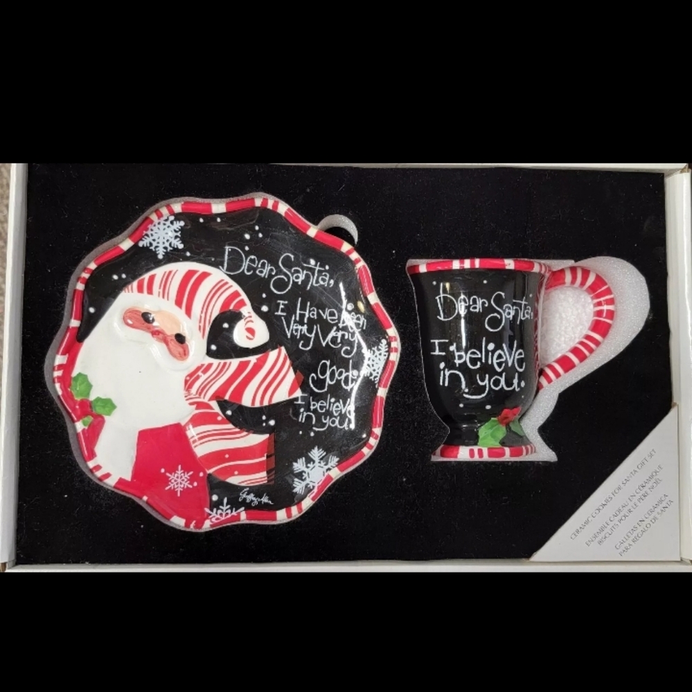 Santa‎ Cookie Plate Mug & Napkin I Believe 3 piece set with gift box NIB